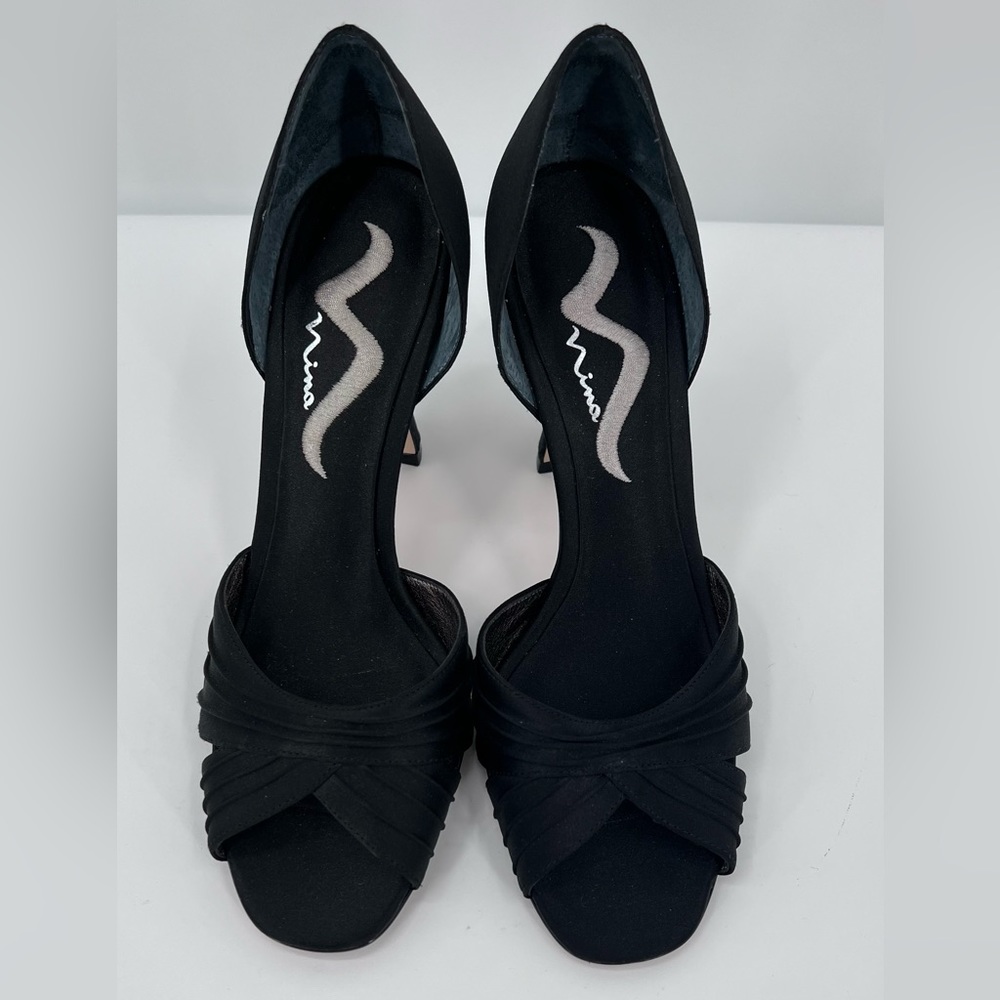 Nina Black Satin Peep Toe 3 1/2 Inch Heels Bows Size 8 1/2 Heels Great Looking